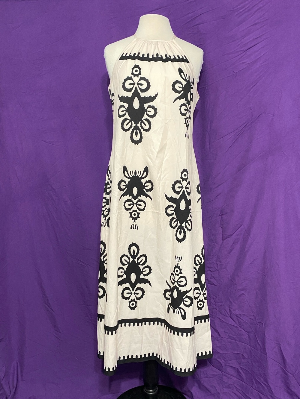 Blush Pink Halter Maxi Dress with Black Medallion Print. Size L.